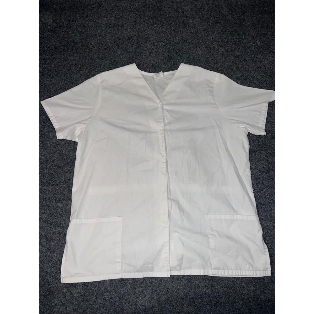 Simply Basic Womens White Scrub Top XL Short Sleeve Snap Front Medical Uniform